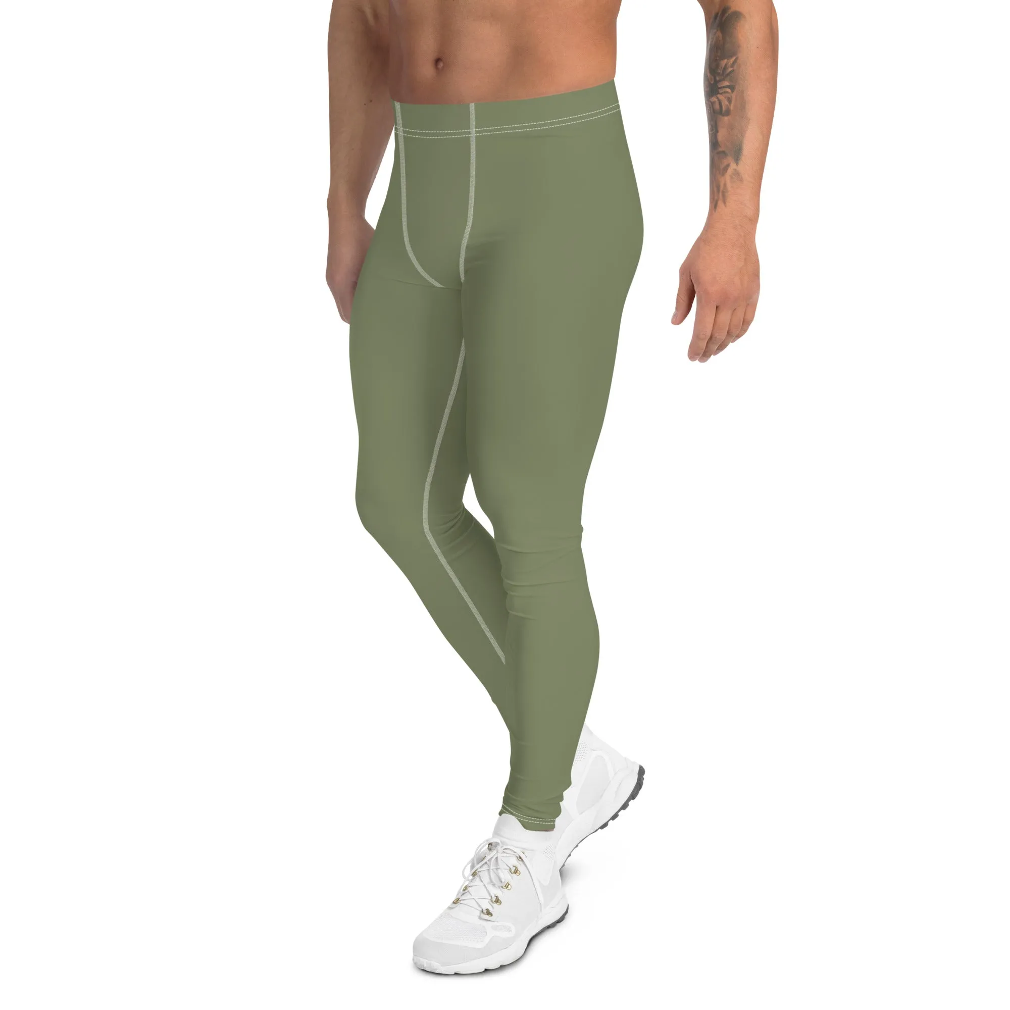 Sage Green Solid Men's Leggings, Solid Green Pastel Color Men's Running Sports Gym Tights