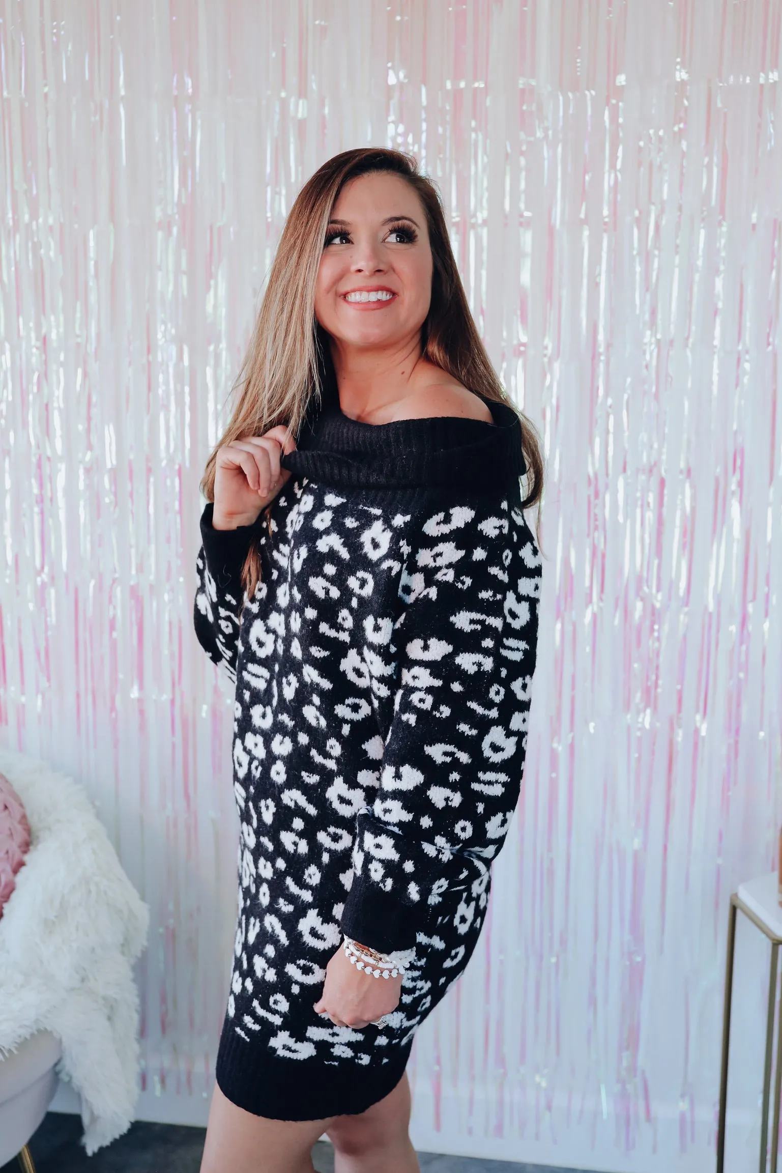 Sassy Animal Print Sweater Dress - Black