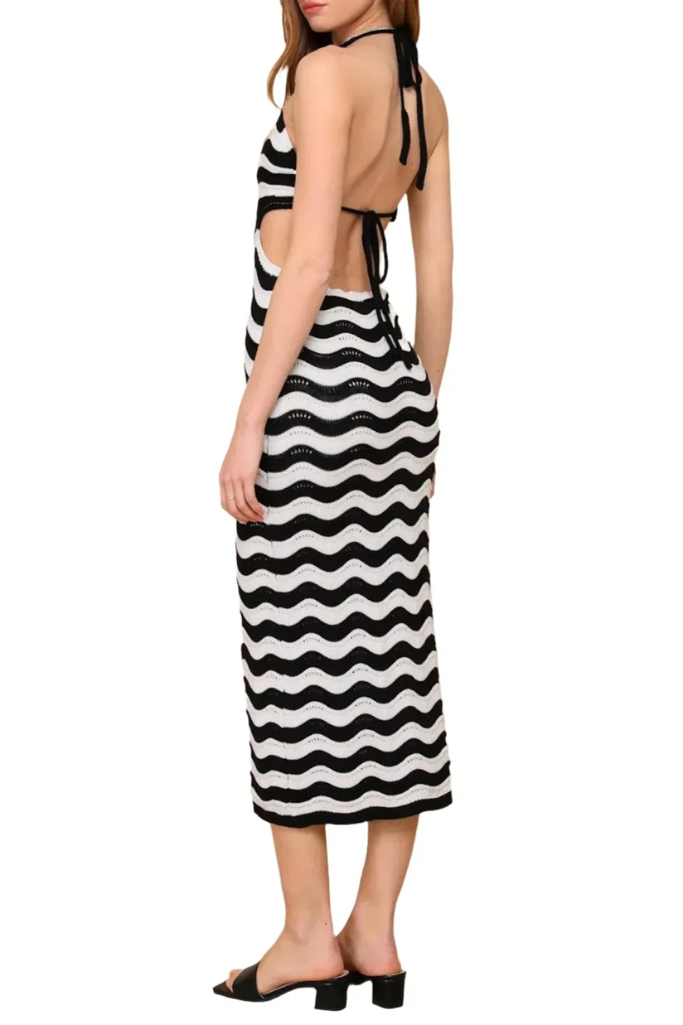 Seaside Afternoon Black and Ivory Striped Crochet Midi Dress