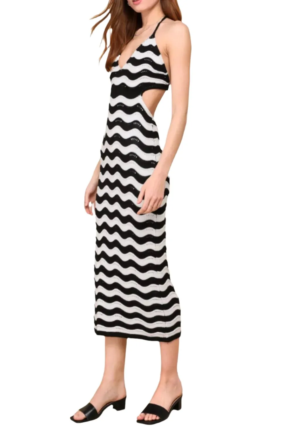 Seaside Afternoon Black and Ivory Striped Crochet Midi Dress