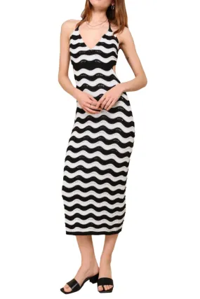 Seaside Afternoon Black and Ivory Striped Crochet Midi Dress