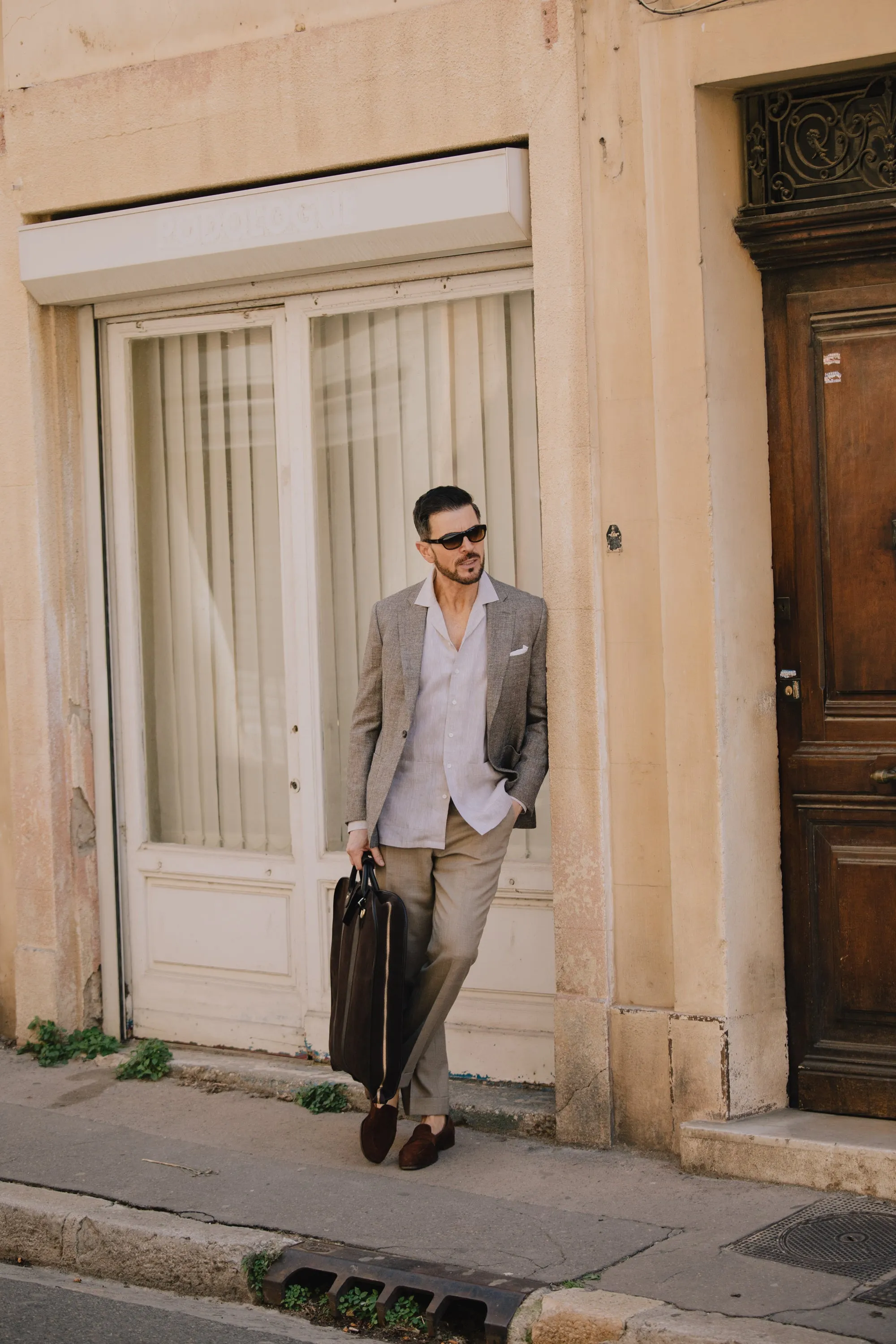 Single Breasted Notch Lapel Jacket in Light Brown Summer Hopsack