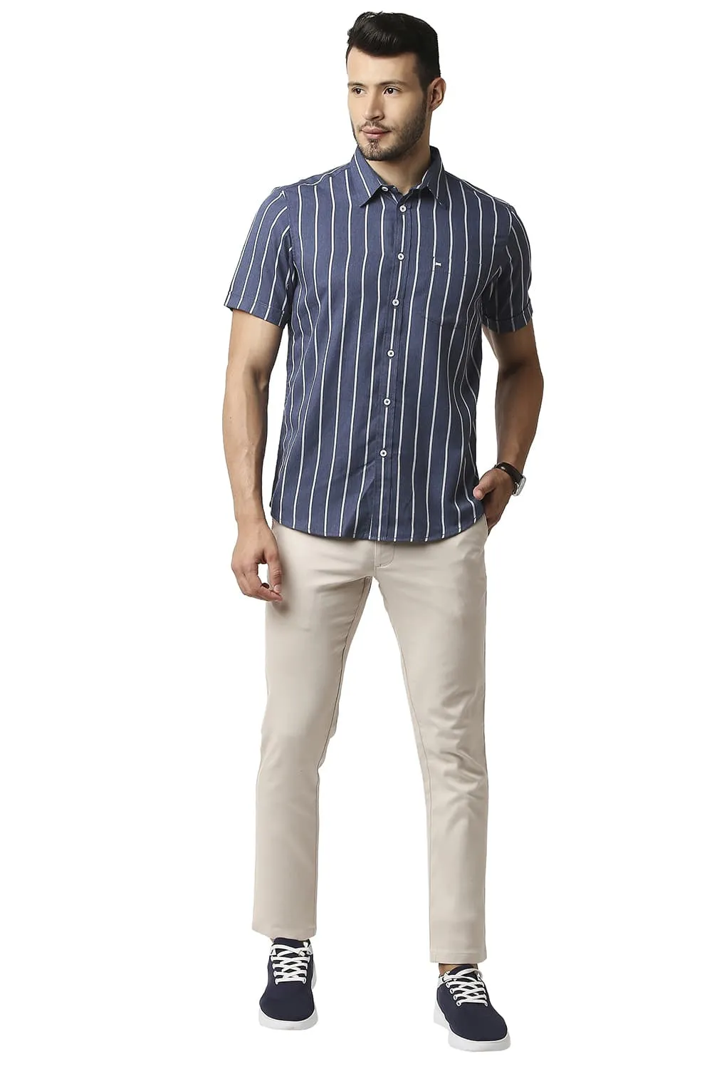 Slim Fit Poly Viscose Stripe Halfsleeves Shirt