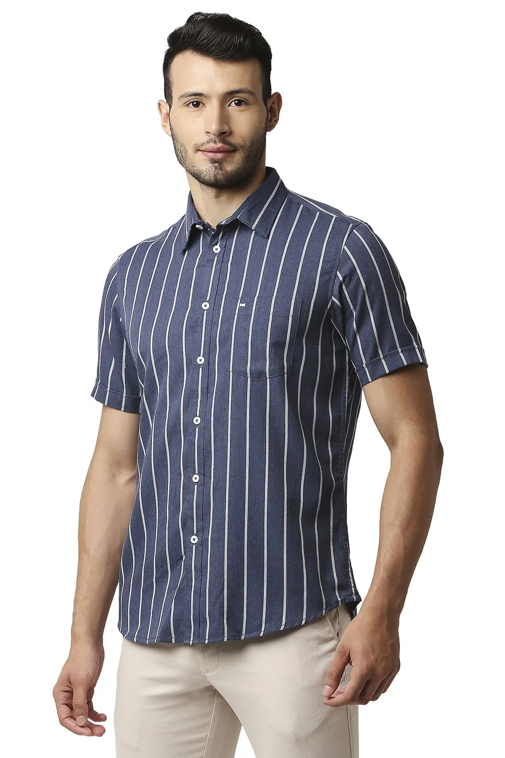 Slim Fit Poly Viscose Stripe Halfsleeves Shirt