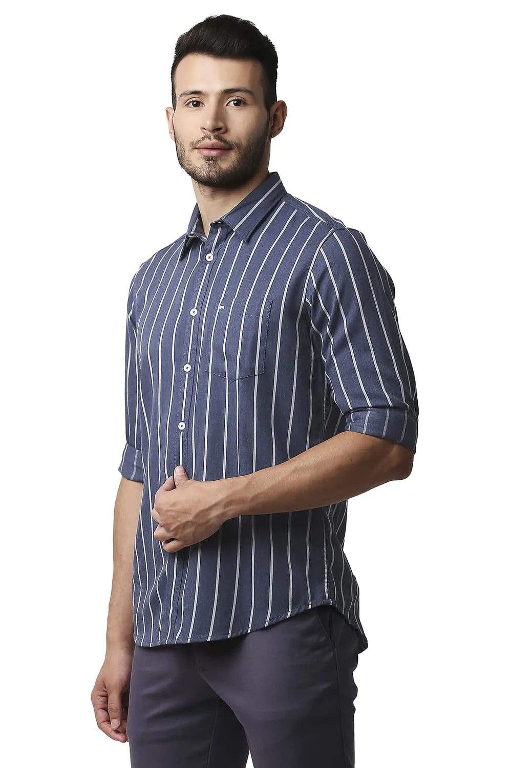 Slim Fit Poly Viscose Stripe Shirt