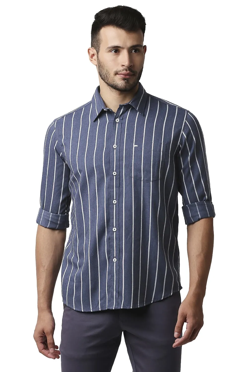 Slim Fit Poly Viscose Stripe Shirt