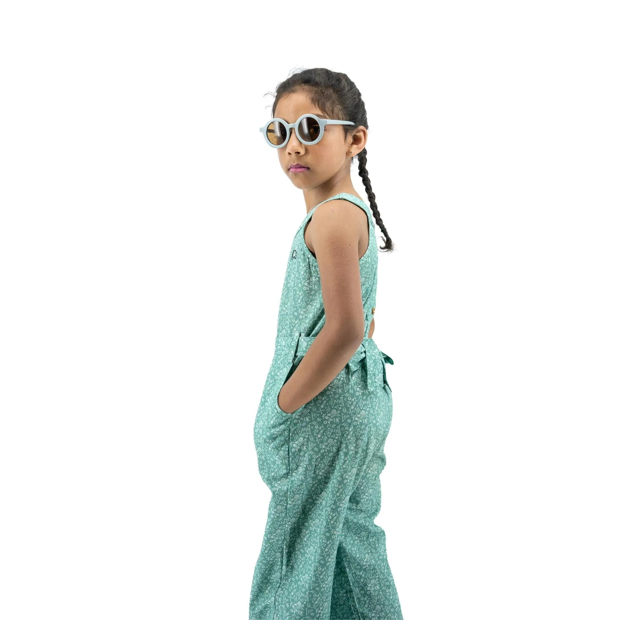 Smoke Green Cotton Jumpsuit For Girls