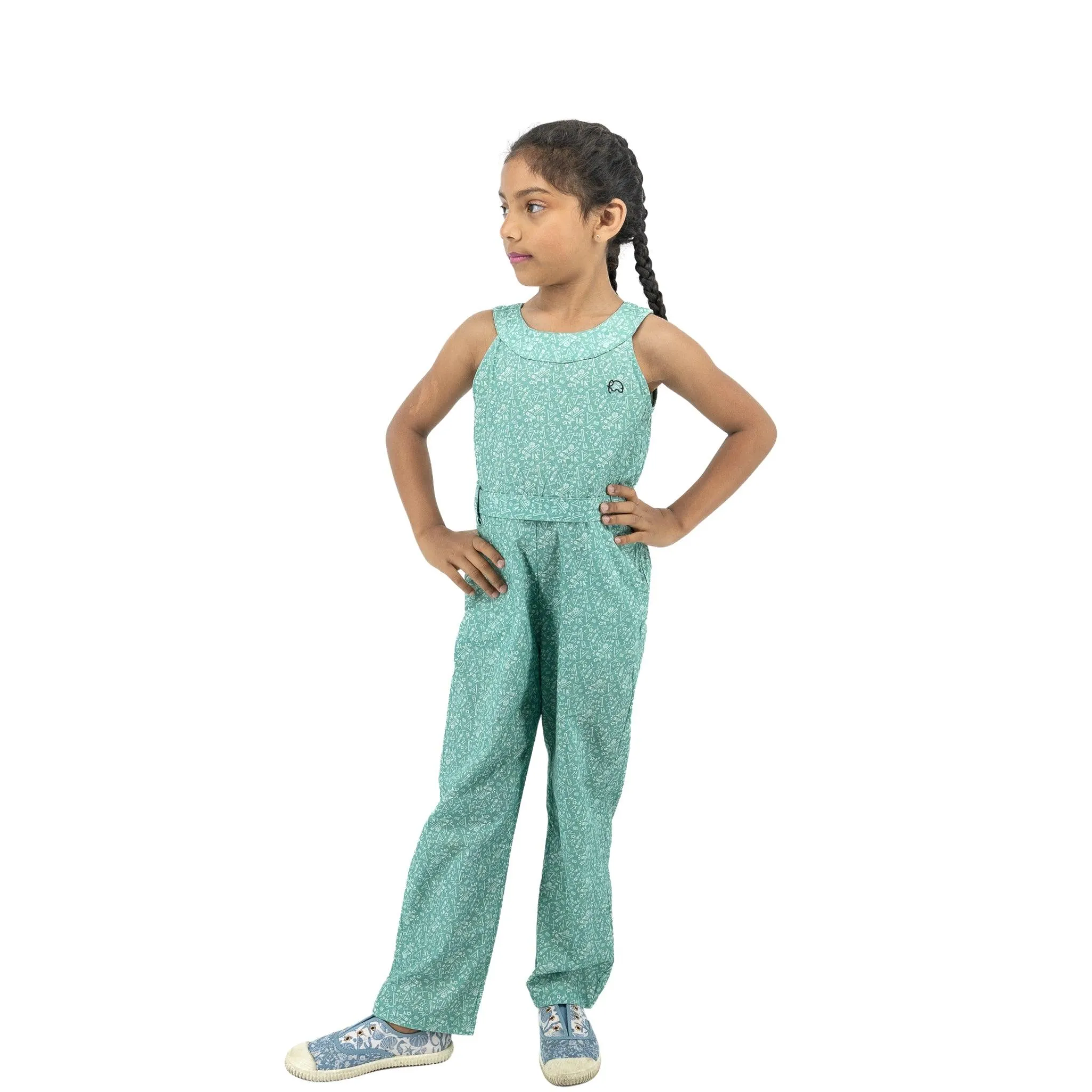 Smoke Green Cotton Jumpsuit For Girls