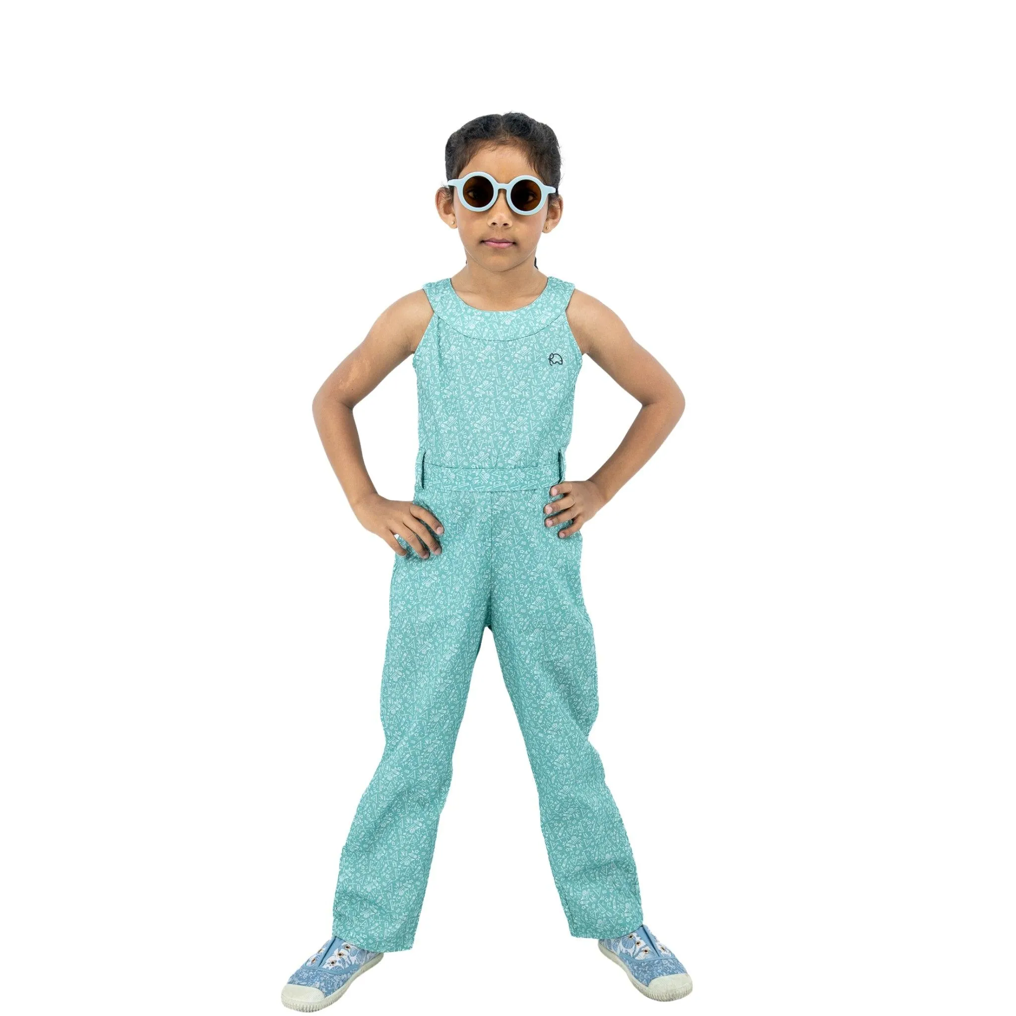 Smoke Green Cotton Jumpsuit For Girls