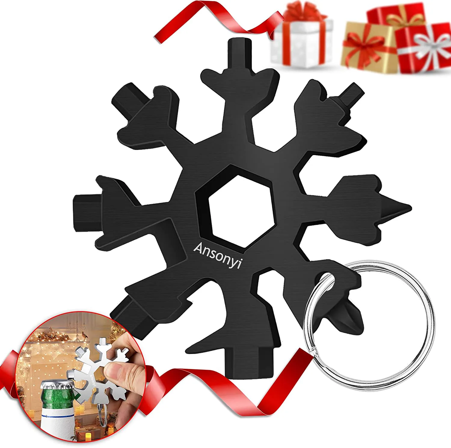 Snowflake Multi Tool, Ansonyi Stainless Steel 18-In-1 Snowflake Tool Christmas Gifts Stocking Stuffers for Men Women, Portable Screwdriver/Wrench/ Bottle Opener Multitool Funny Gifts (Black)