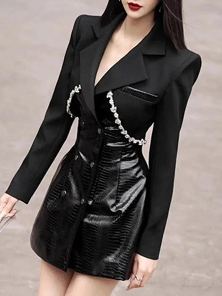 Streetwear Black Diamond Patchwork Notched PU Leather Blazer Fashion New Slim Fit Mid Long Suit Jacket Autumn 2024 New Tide