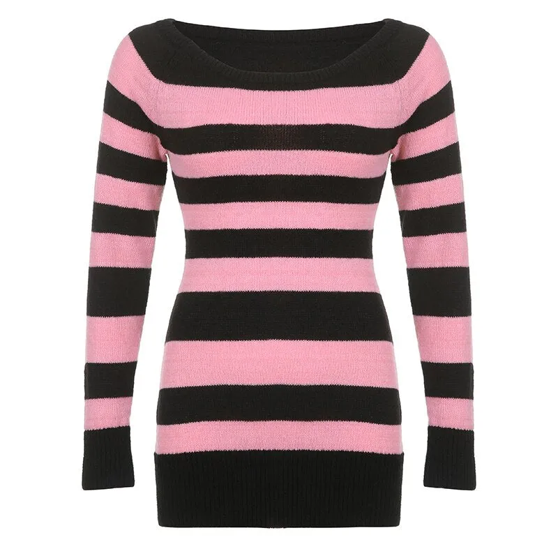 Stripe Off-Shoulder Sweater Mini Retro Dress