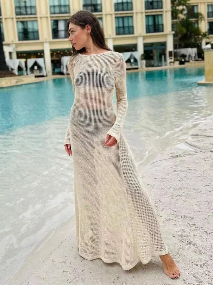 Summer Knitted Hollow Out Long Sleeve Maxi Dress