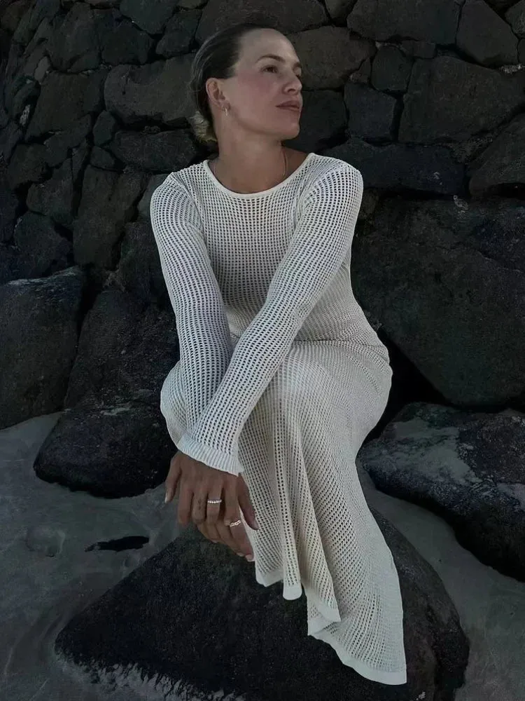 Summer Knitted Hollow Out Long Sleeve Maxi Dress