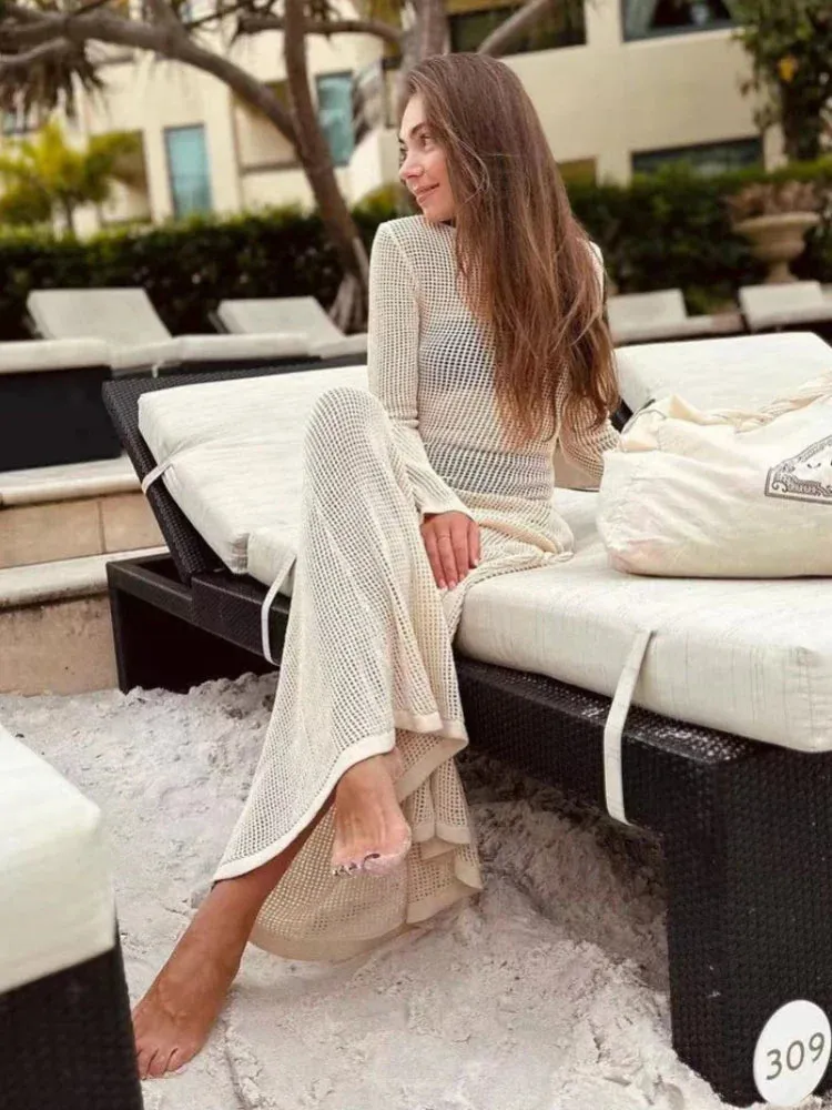 Summer Knitted Hollow Out Long Sleeve Maxi Dress