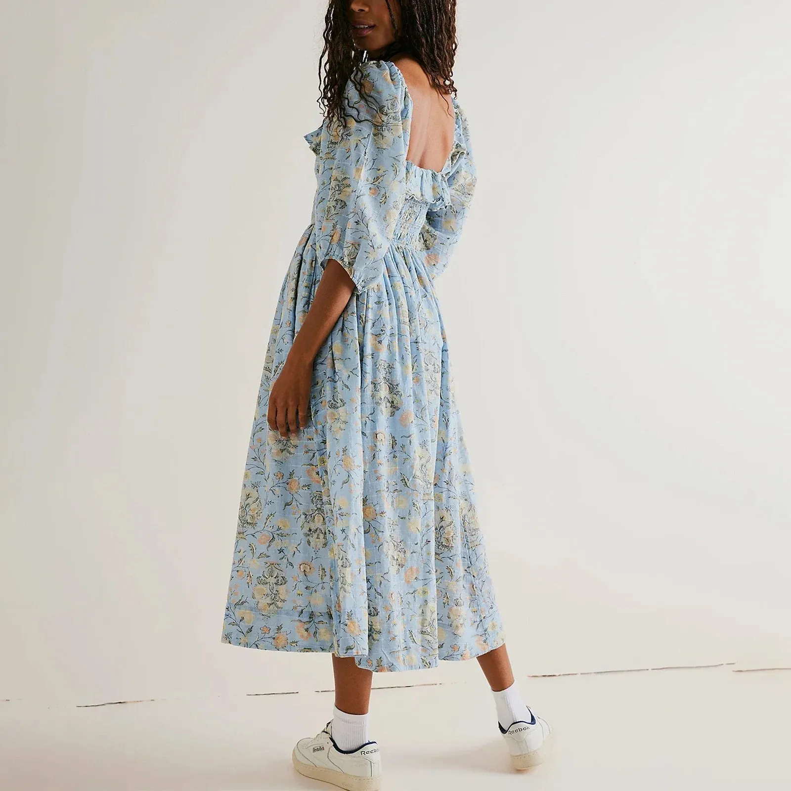 Summer Ruffles Square Neck 3/4 Sleeve Party A-Line Beach Cocktail Club Maxi Floral Dress