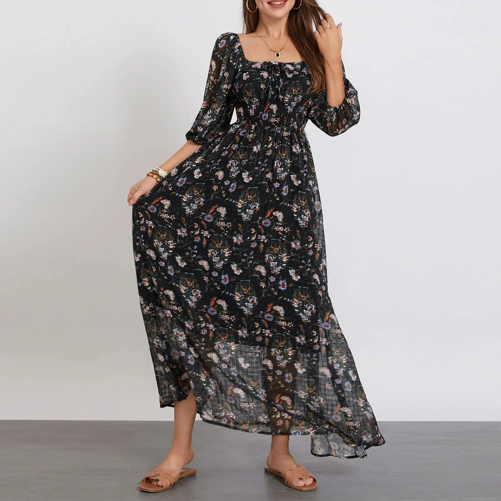 Summer Ruffles Square Neck 3/4 Sleeve Party A-Line Beach Cocktail Club Maxi Floral Dress