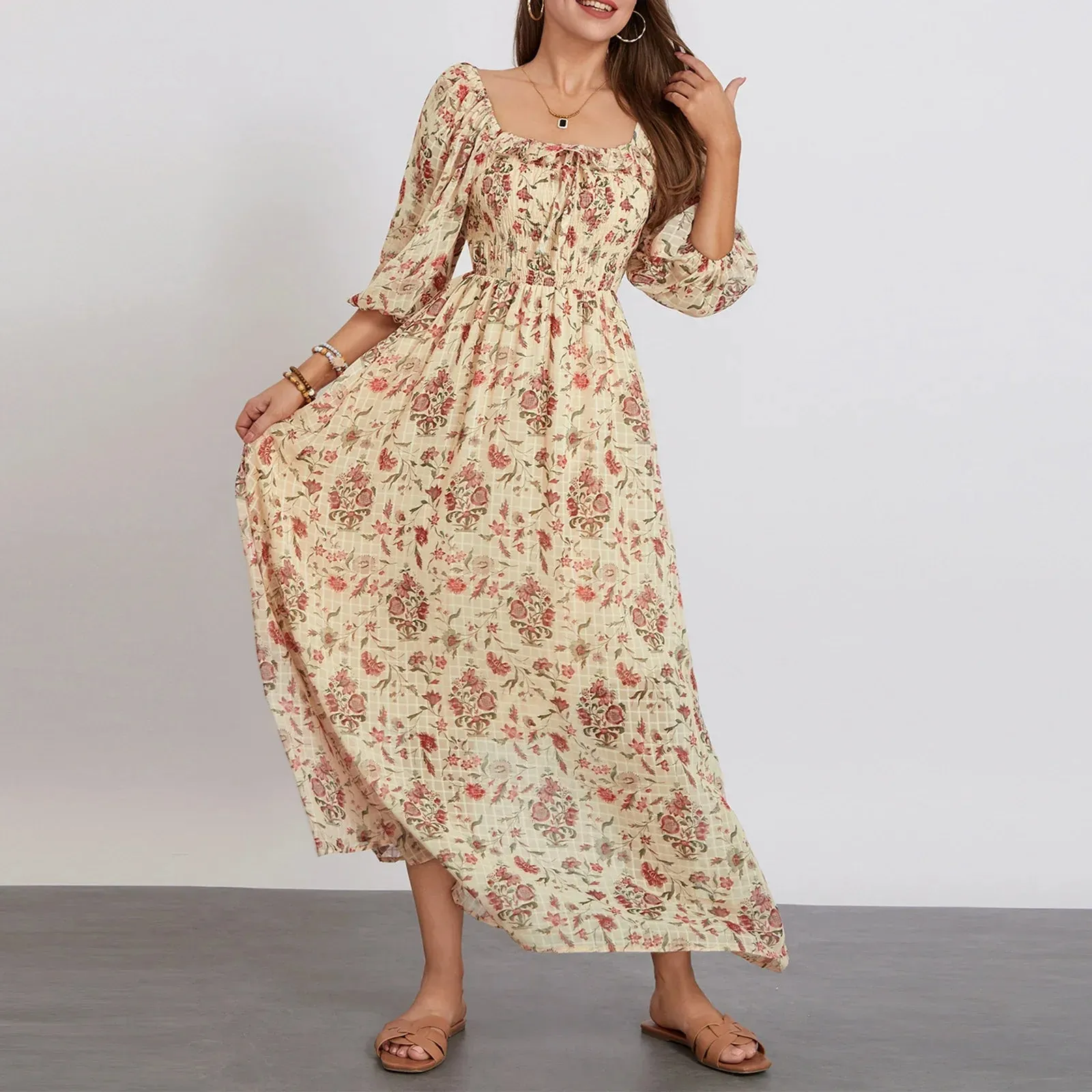 Summer Ruffles Square Neck 3/4 Sleeve Party A-Line Beach Cocktail Club Maxi Floral Dress