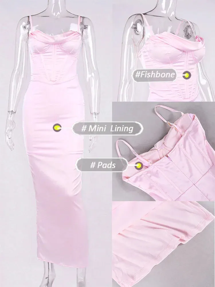 Summer Women Maxi Bodycon Dress 2022 New Arrivals Lined Pink Spaghetti Strap Dress Sexy Celebrity Club Night Party Dresses