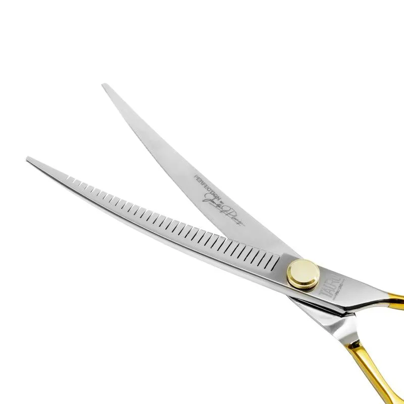 Tauro Pro Line cutting scissors "Perfection by Janita J. Plunge", curved, thinning (chunker), 440c stainless steel, golden handles, 32 teeth