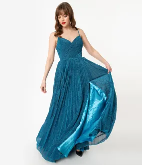 Teal Blue Sparkle Pleated Long Evening Dress