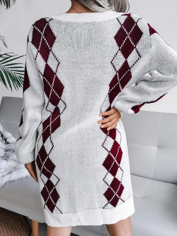 Toleet-Winter outfits Ladies Rhombus Sweater Dress Knitted Dress (Without Belt)