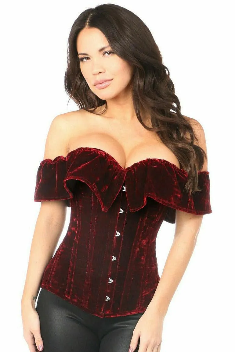 Top Drawer Dark Red Velvet Off-The-Shoulder Steel Boned Corset