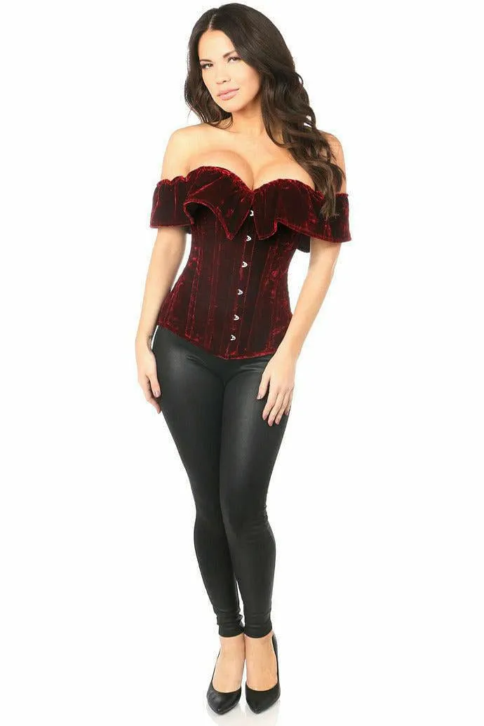 Top Drawer Dark Red Velvet Off-The-Shoulder Steel Boned Corset