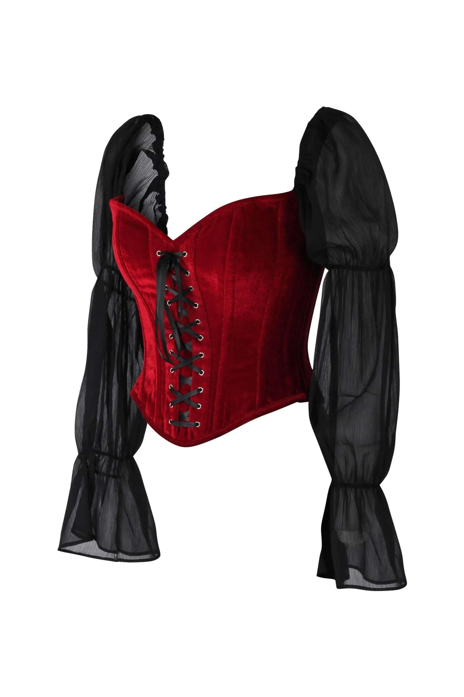 Top Drawer Dark Red Velvet Steel Boned Corset w/Sleeves