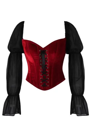 Top Drawer Dark Red Velvet Steel Boned Corset w/Sleeves