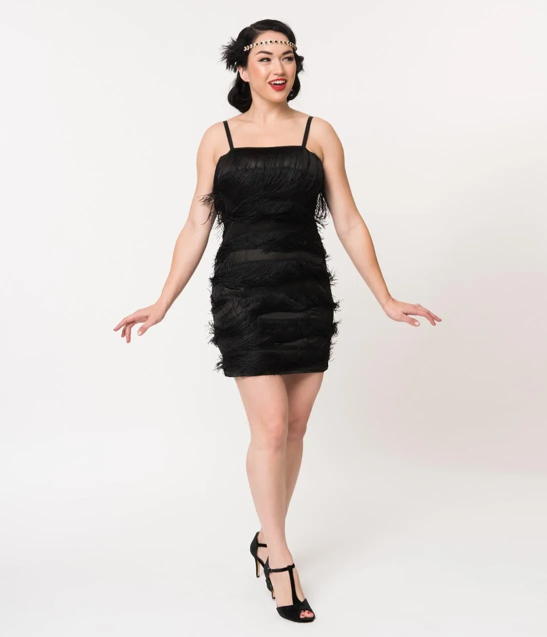 Unique Vintage 1920s Style Black Speakeasy Tiered Fringe Flapper Dress