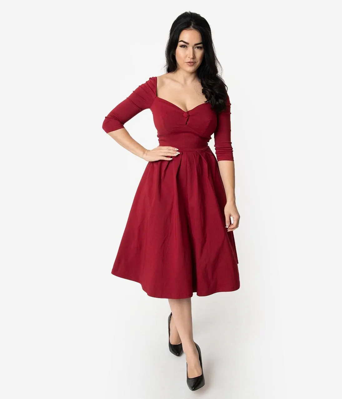 Unique Vintage 1950s Deep Red Bengaline Sweetheart Lamar Swing Dress