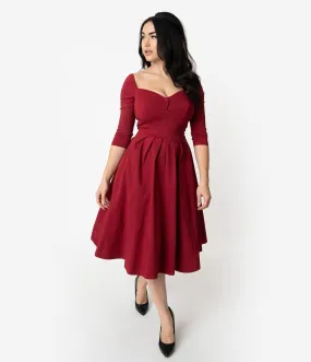 Unique Vintage 1950s Deep Red Bengaline Sweetheart Lamar Swing Dress