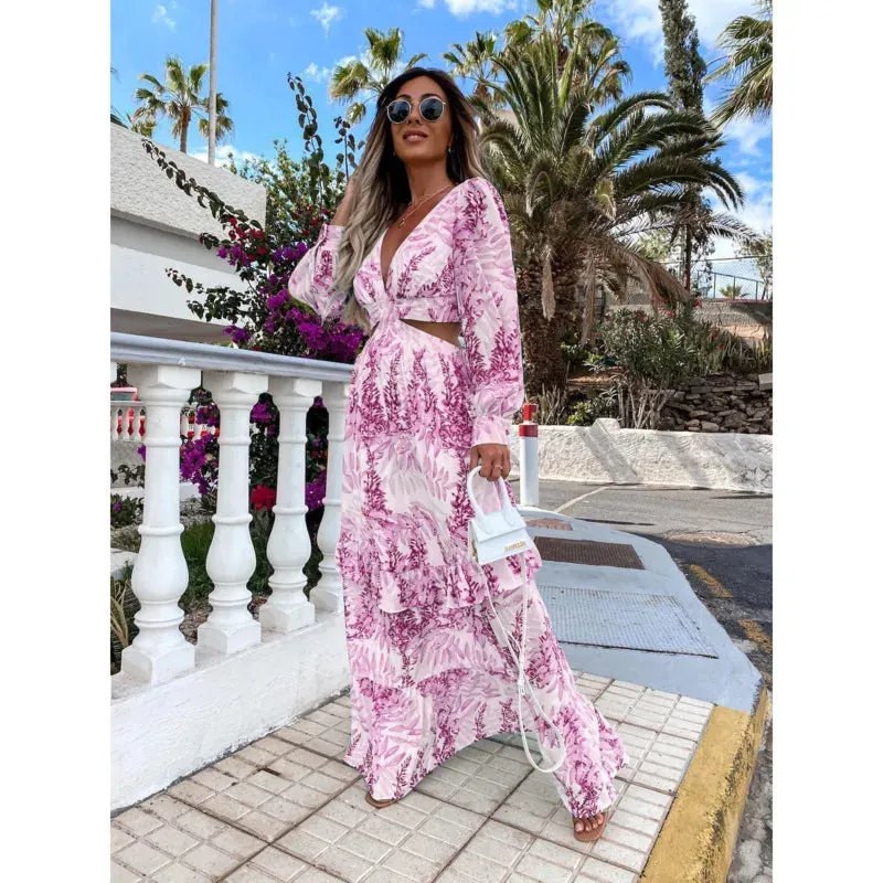 Vintage Boho Print Long Sleeve Maxi Dress for Women