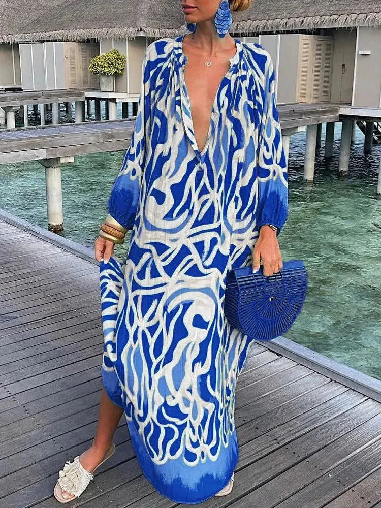 Vintage Boho Print Long Sleeve Maxi Dress for Women