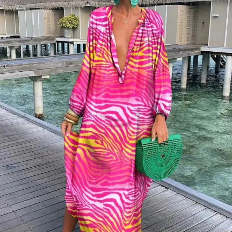 Vintage Boho Print Long Sleeve Maxi Dress for Women