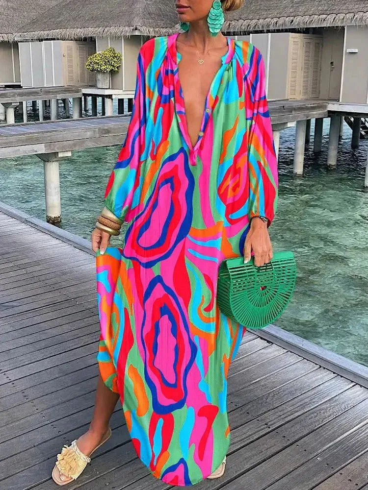 Vintage Boho Print Long Sleeve Maxi Dress for Women