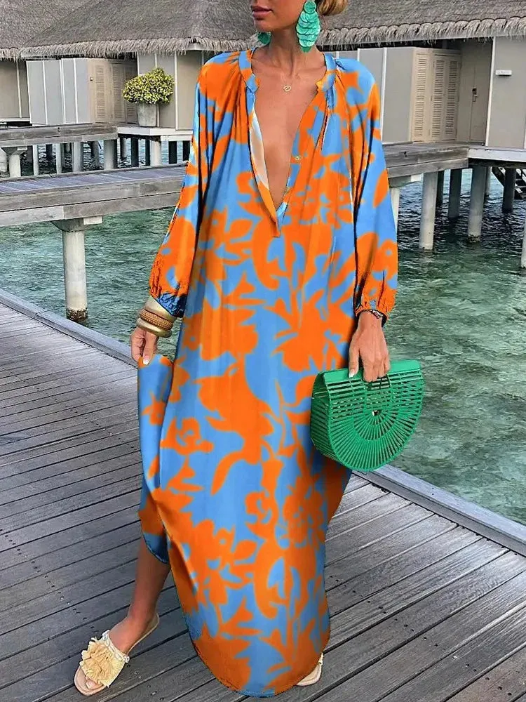 Vintage Boho Print Long Sleeve Maxi Dress for Women