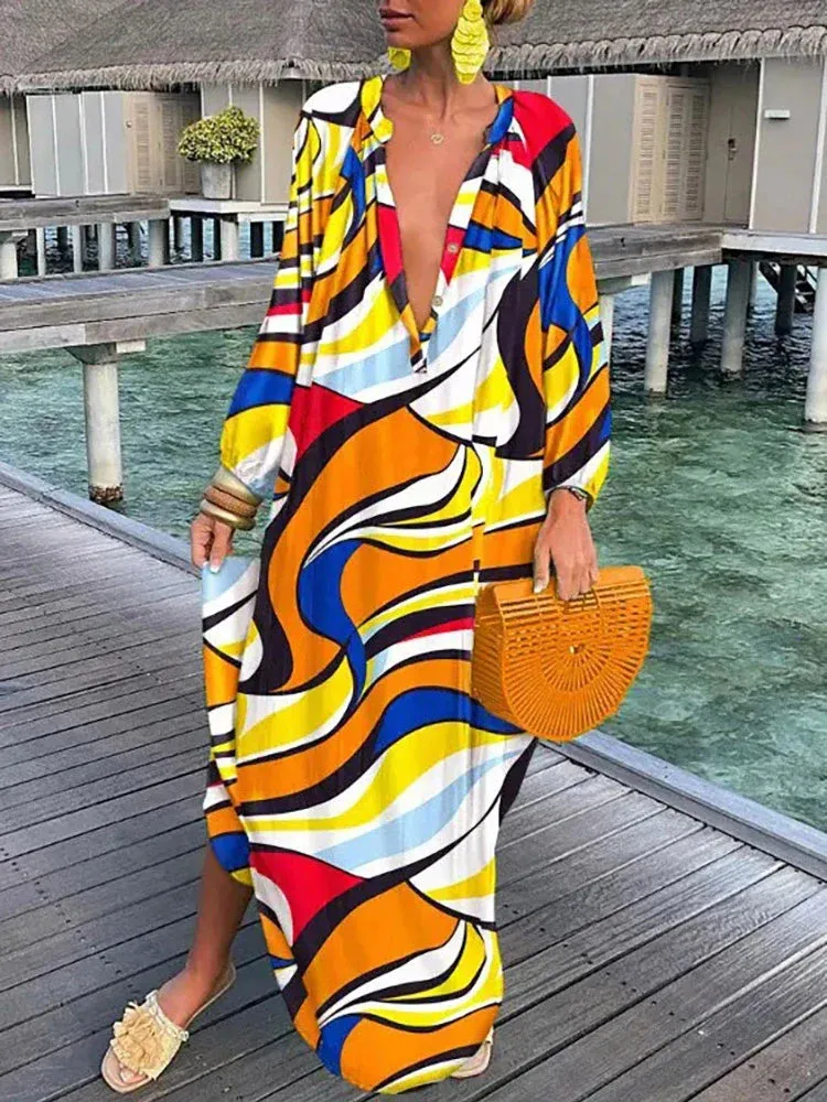 Vintage Boho Print Long Sleeve Maxi Dress for Women