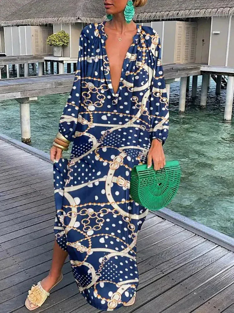 Vintage Boho Print Long Sleeve Maxi Dress for Women