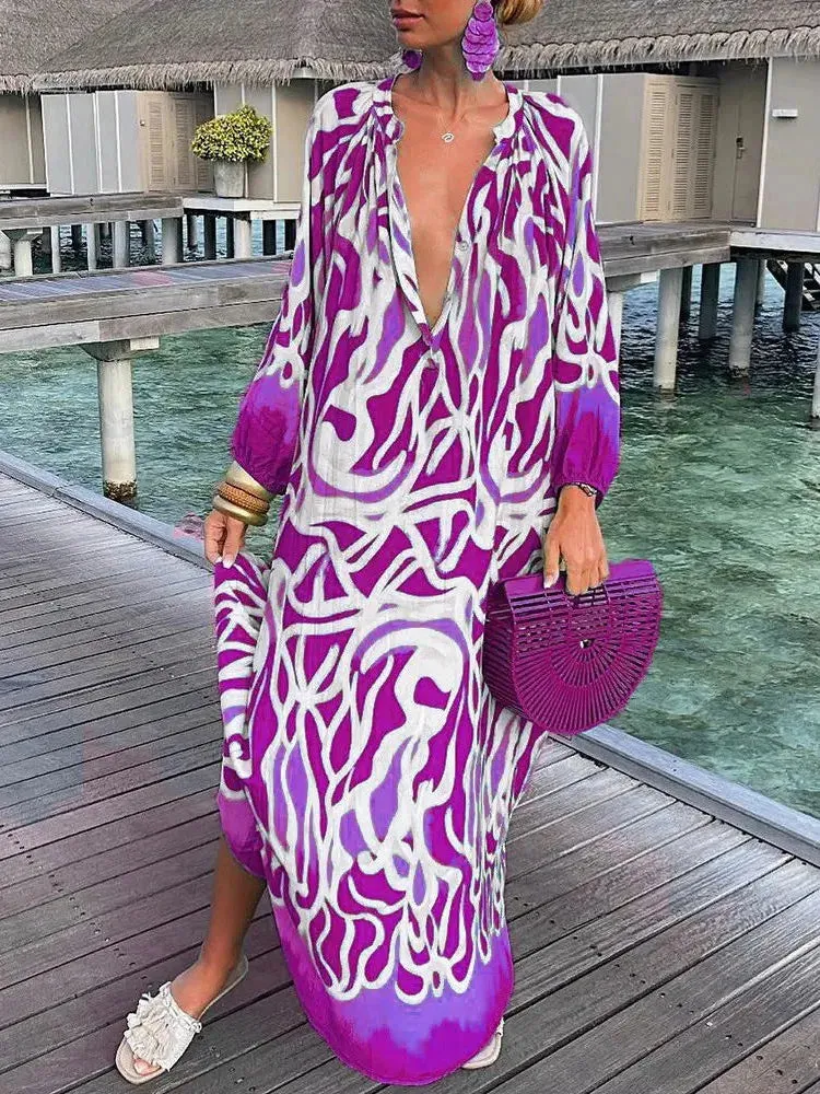 Vintage Boho Print Long Sleeve Maxi Dress for Women