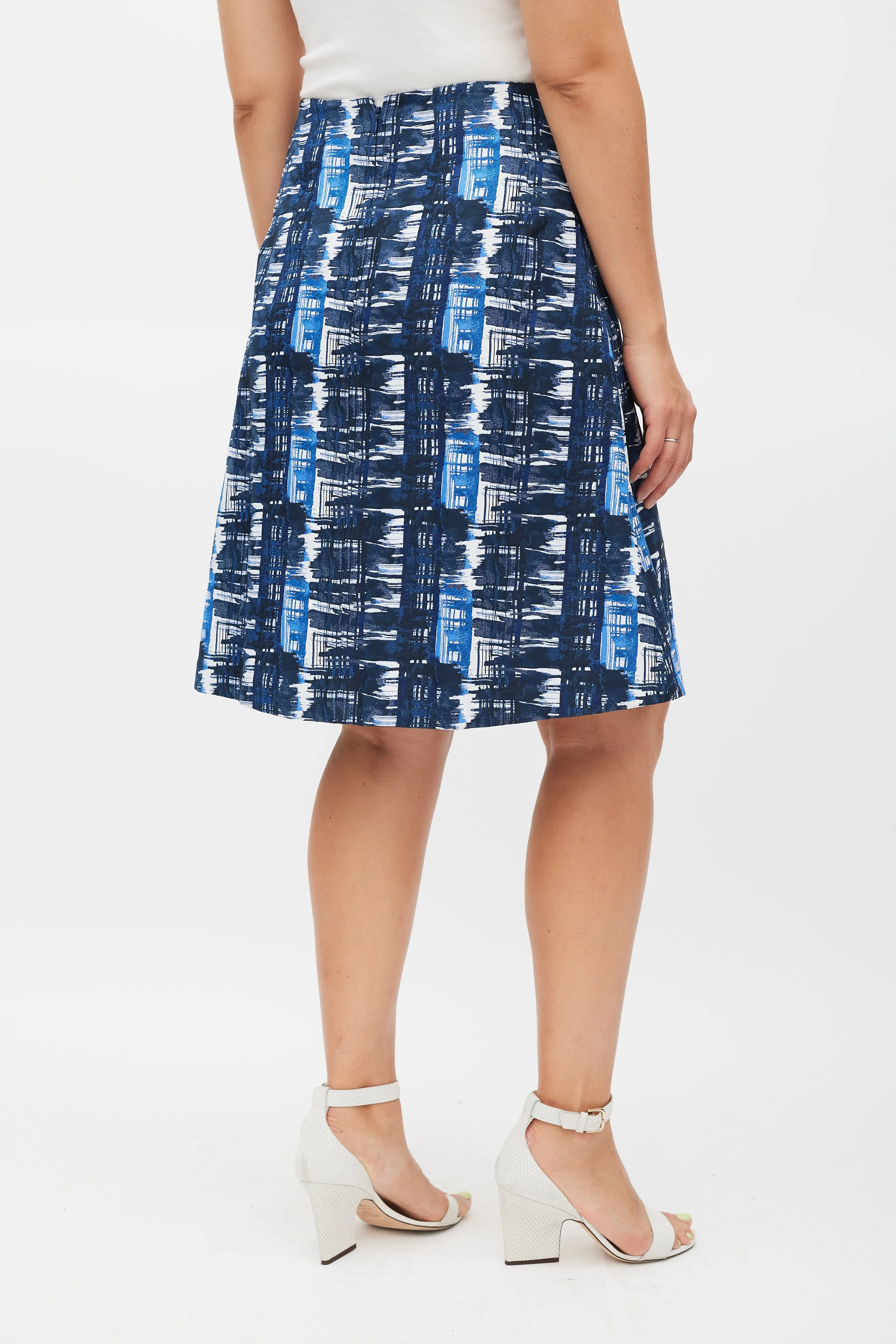 White & Blue Pleated Abstract Skirt