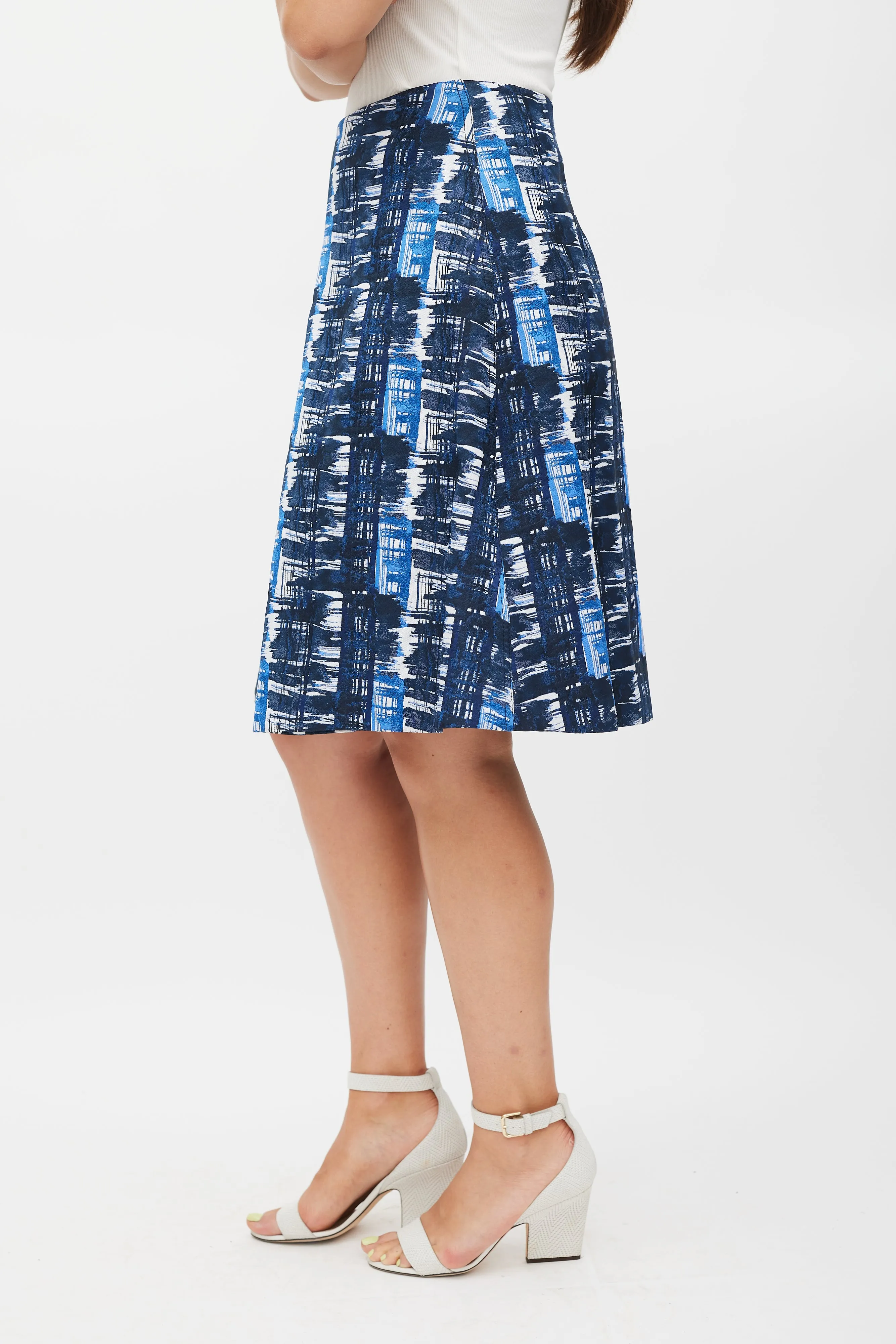 White & Blue Pleated Abstract Skirt