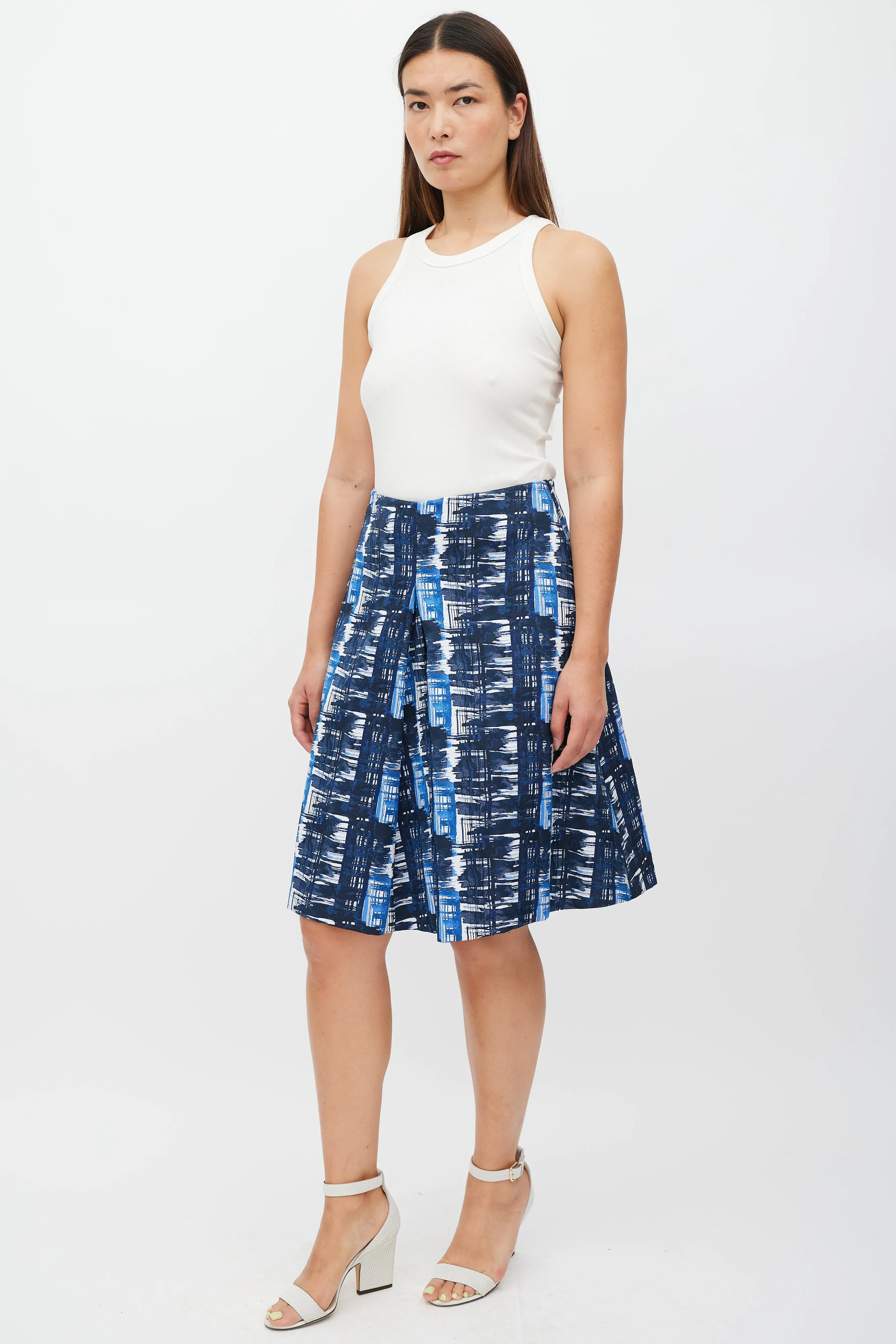 White & Blue Pleated Abstract Skirt