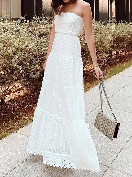 White Color Tube Top Off Shoulder Long Holiday Dress