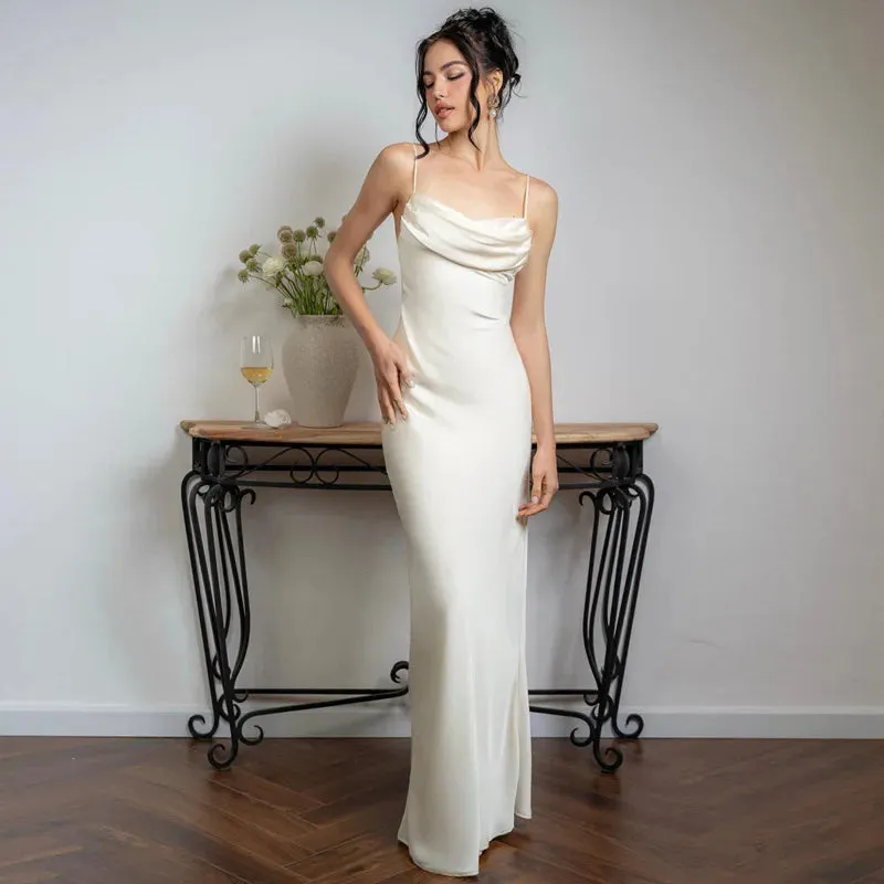 White Satin Spaghetti Straps Backless V-neck Maxi Dress