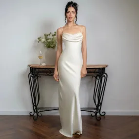 White Satin Spaghetti Straps Backless V-neck Maxi Dress