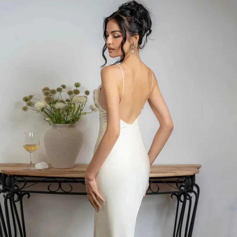 White Satin Spaghetti Straps Backless V-neck Maxi Dress