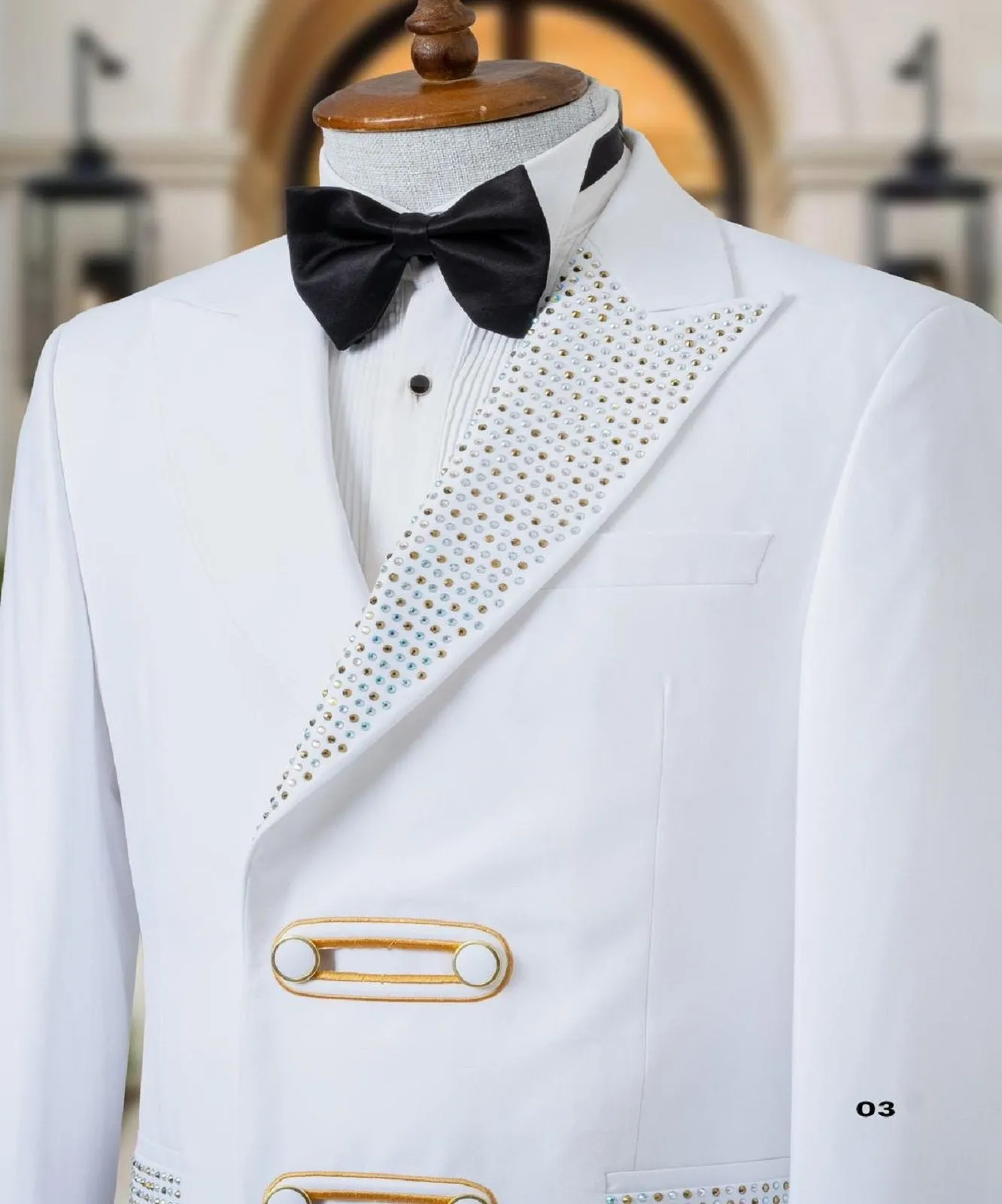 White Tuxedo Jacket With Golden Stones