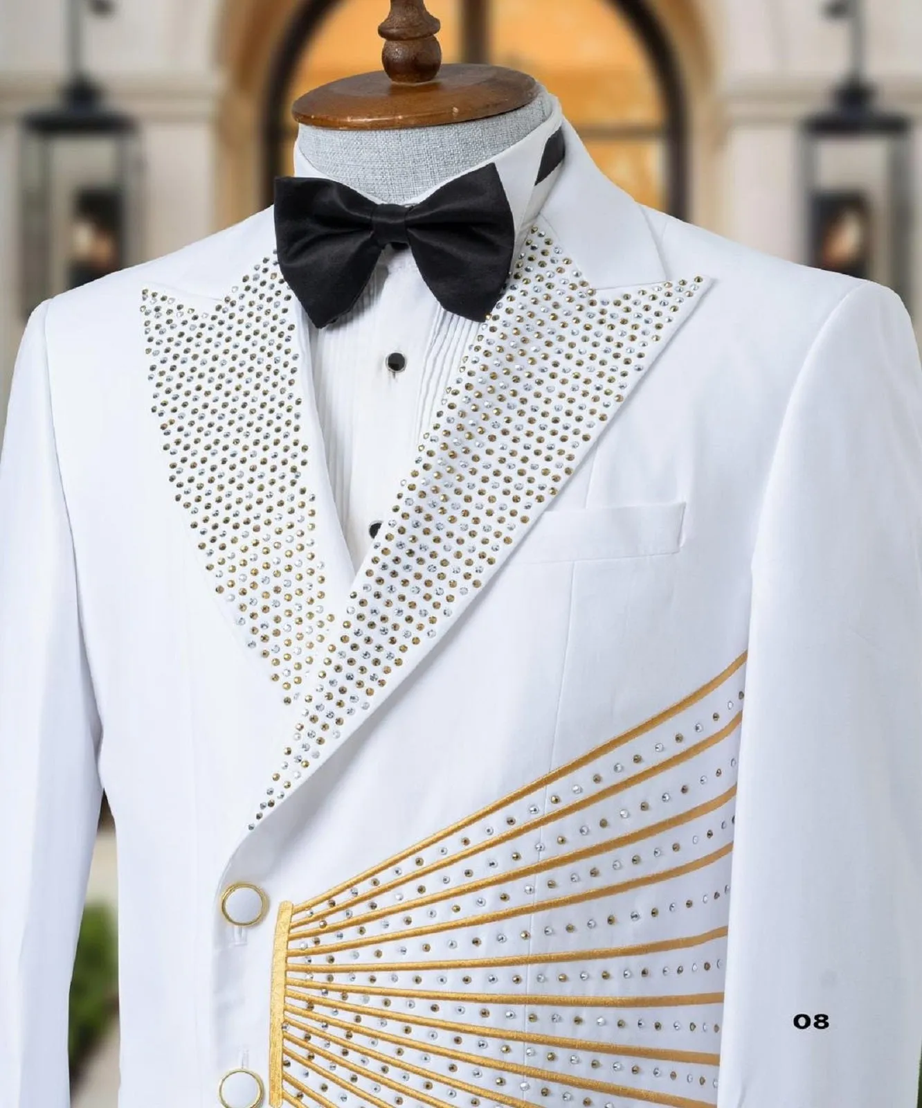 White Tuxedo Jacket With Golden Stones